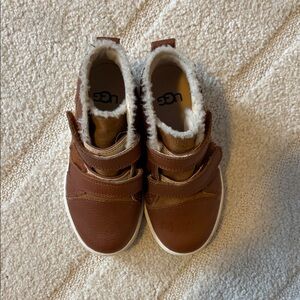 UGG Tan Kids Slippers with Fur Lining
